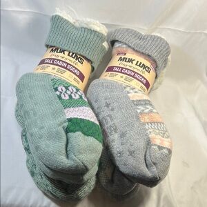 2 pack Muk Luks Tall Cabin Socks - Green & Gray Cozy Fleece-Lined Pairs